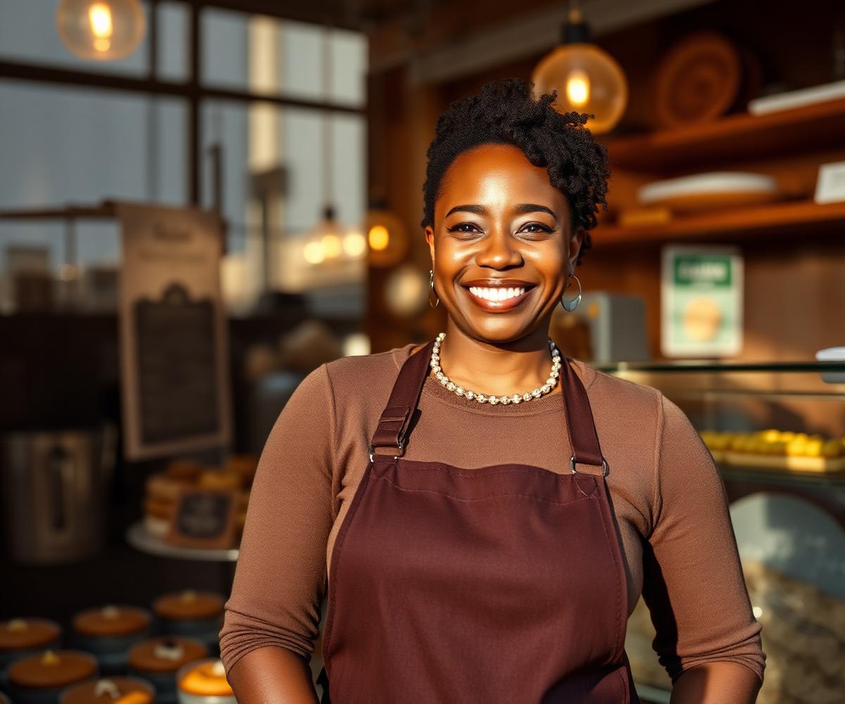 A small business owner standing in her bakery storefront